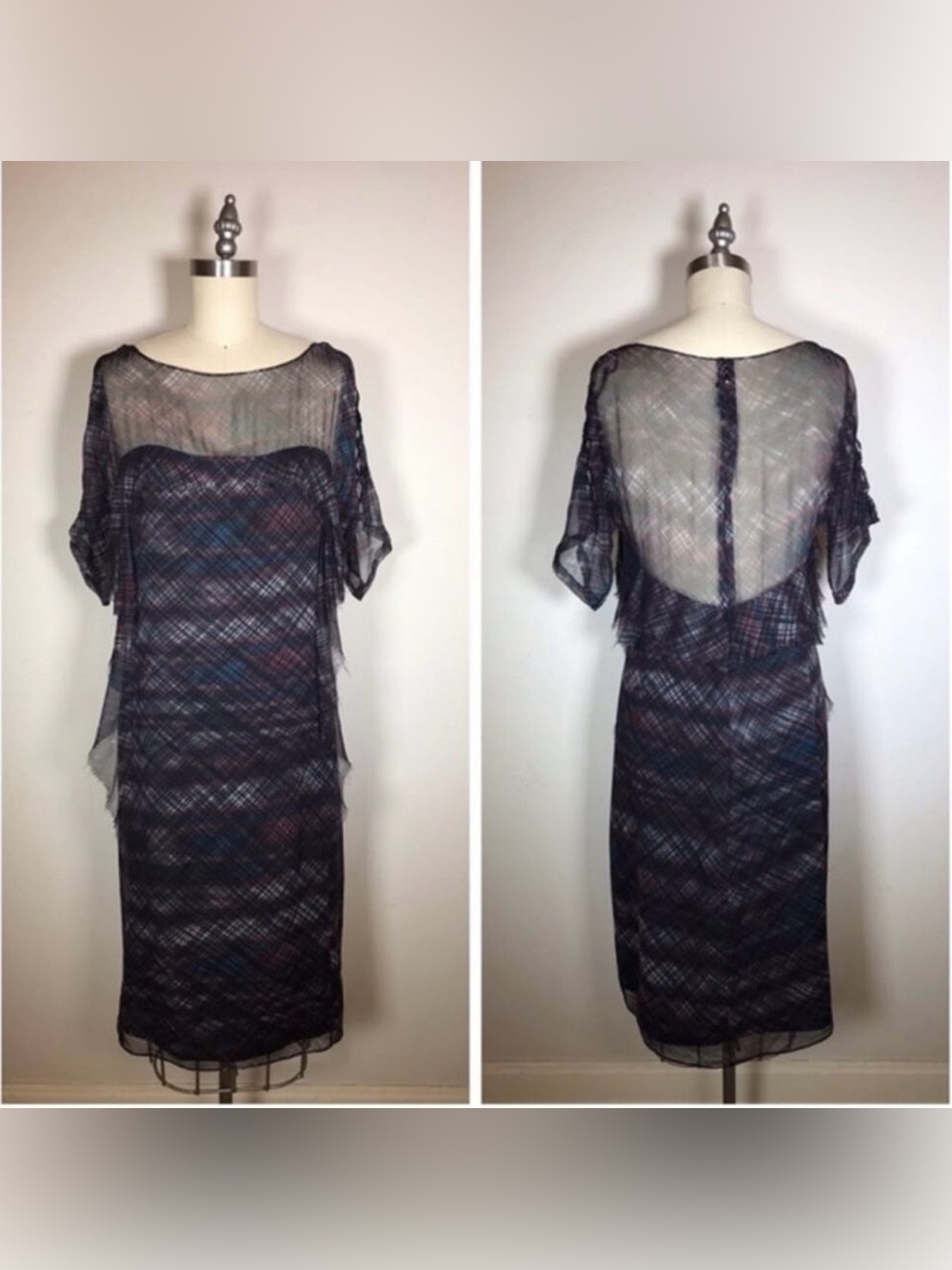 Rachel Comey Sheer Plaid-Overlay Midi Dress in plum, black and grey